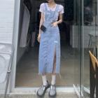 Distressed Slit Midi A-line Overall Dress