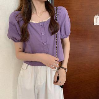 Puff Sleeve Lace Trim Square Neck Buttoned Blouse
