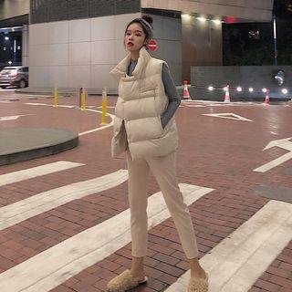 Stand Collar Padded Vest / Mock-neck Long-sleeve Knit Top / Cropped Pants