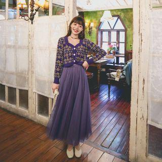 Set: Floral Cropped Cardigan + Mesh Maxi A-line Skirt