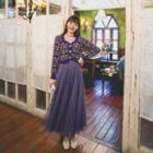 Set: Floral Cropped Cardigan + Mesh Maxi A-line Skirt