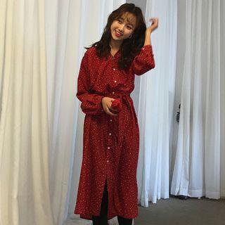 Dotted Midi Shirtdress With Sash Red - One Size