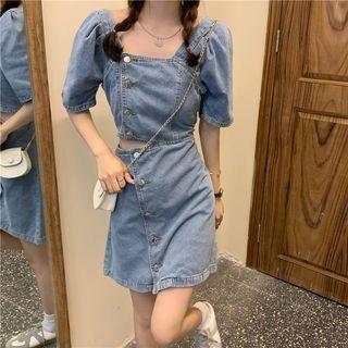 Puff-sleeve Square-neck Cutout Button-up Denim Dress