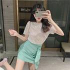 Short-sleeve Glitter T-shirt / Mini Shirred A-line Skirt