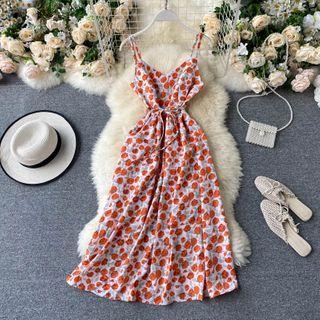 Floral Open-back Suspender Chiffon Dress