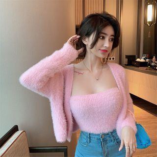 Set: Cropped Open Front Cardigan + Knit Strapless Top