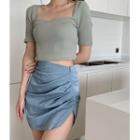 Short-sleeve Square-neck Plain Slim-fit Top / Irregular Skirt