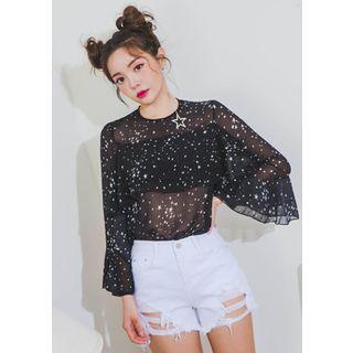 Star Pattern Ruffled See-through Top
