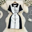 Short Sleeve Color Block Polo Dress Black & White - One Size