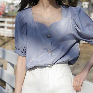 Short-sleeve V-neck Top Blue - One Size