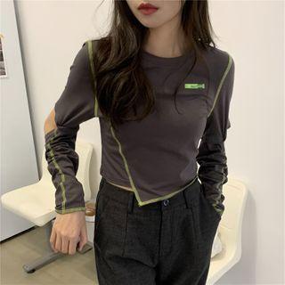 Asymmetric Long-sleeve Lettering T-shirt As Shown In Figure - One Size