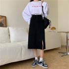 Slit-front High-waist Denim Midi Skirt
