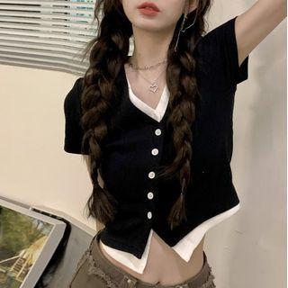 Mock Two-piece Short-sleeve V-neck Cropped T-shirt