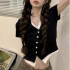 Mock Two-piece Short-sleeve V-neck Cropped T-shirt