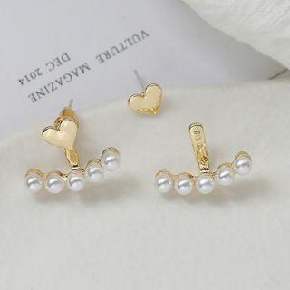 Heart Faux Pearl Alloy Swing Earring Stud Earring - 1 Pair - S925 Silver Stud - Gold - One Size