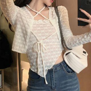 Set: Lace Strappy Jacket + Asymmetrical Camisole Top