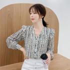 Long-sleeve Frill Trim Patterned Chiffon Buttoned Top