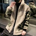 Camouflage Panel Faux-shearling Zip Jacket