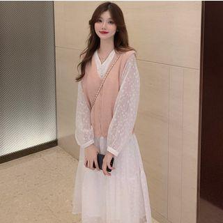 V-neck A-line Dress / Button-down Knit Vest