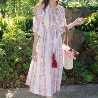 Elbow-sleeve Slit-side Printed Dress