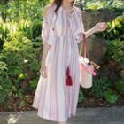 Elbow-sleeve Slit-side Printed Dress