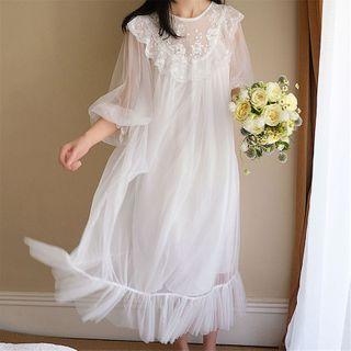 Lace Trim Balloon-sleeve Mesh Sleep Dress