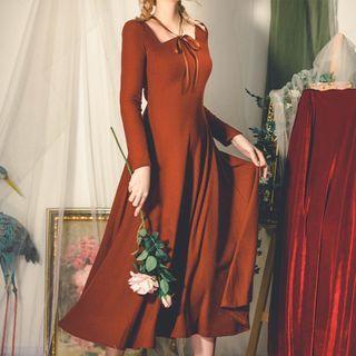 Ribbon-bow Square-neck Knit Dress