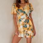 Tie-dye V-neck Short-sleeve Mini A-line Dress