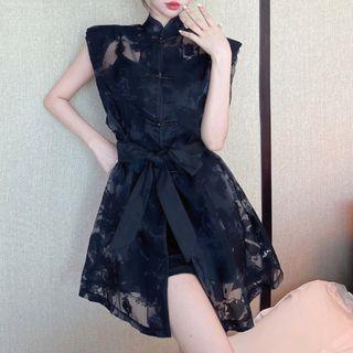 Set: Sleeveless Tie Waist Lace Dress + Slipdress