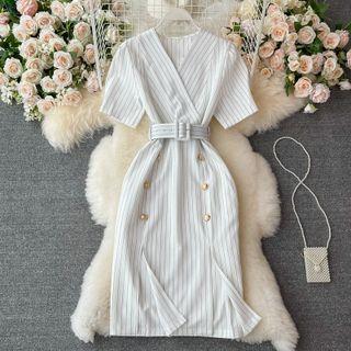 V-neck Pinstripe Short-sleeve Slit Dress