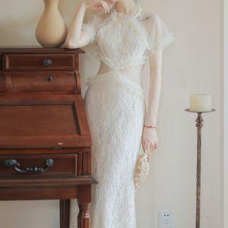 Round-neck Plain Mesh Lace A-line Dress
