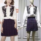 Lace-panel Blouse / Check Skirt