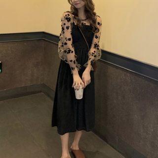 Mock Two Piece Midi A-line Dress Black - One Size
