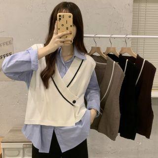 Contrast Trim Single-breasted Sweater Vest / Shirt