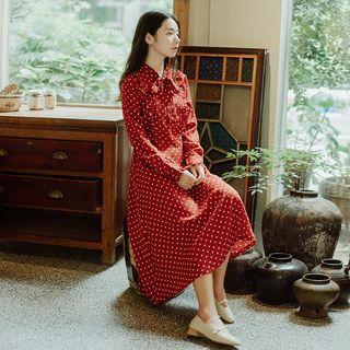 Polka Dot Long-sleeve A-line Midi Dress