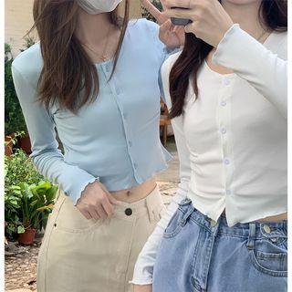 Crew Neck Plain Slim Fit Crop Cardigan