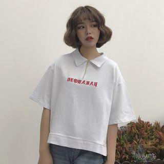 Elbow-sleeve Embroidered Polo Shirt