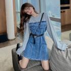 Long-sleeve Mock Two-piece Denim Panel Mini Dress