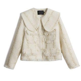 Frayed Trim Fleece-lined Cropped Jacket