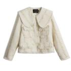 Frayed Trim Fleece-lined Cropped Jacket