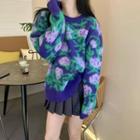 Flower Print Loose-fit Sweater Purple - One Size