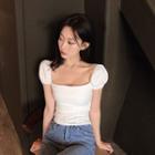 Plain Square-neck Puff-sleeve Slim-fit Top