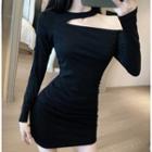Cutaway-shoulder Plain Dress