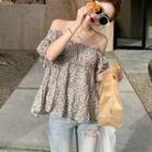 Elbow-sleeve Frill Trim Floral Top Floral - Multicolour - One Size
