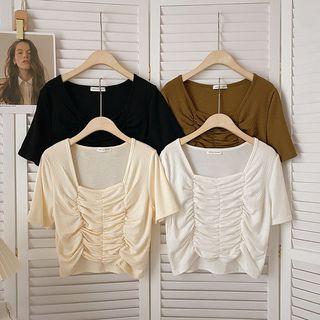 Short-sleeve Square-neck Frilled Top