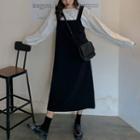 Set: Balloon-sleeve Blouse + Midi A-line Overall Dress Blouse - White - One Size / Dress - Black - One Size