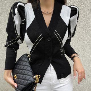 V-neck Mutton-sleeve Argyle Cardigan