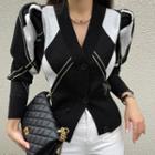 V-neck Mutton-sleeve Argyle Cardigan