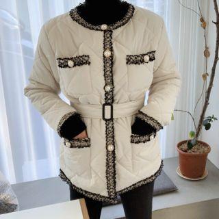 Tweed-trim Quilted Jacket With Belt