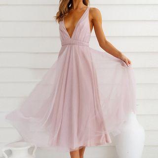 Sleeveless Cross Strap Midi A-line Dress